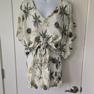 Blue Island Tie Front Dress / Tunic With Tropical Pineapple Print